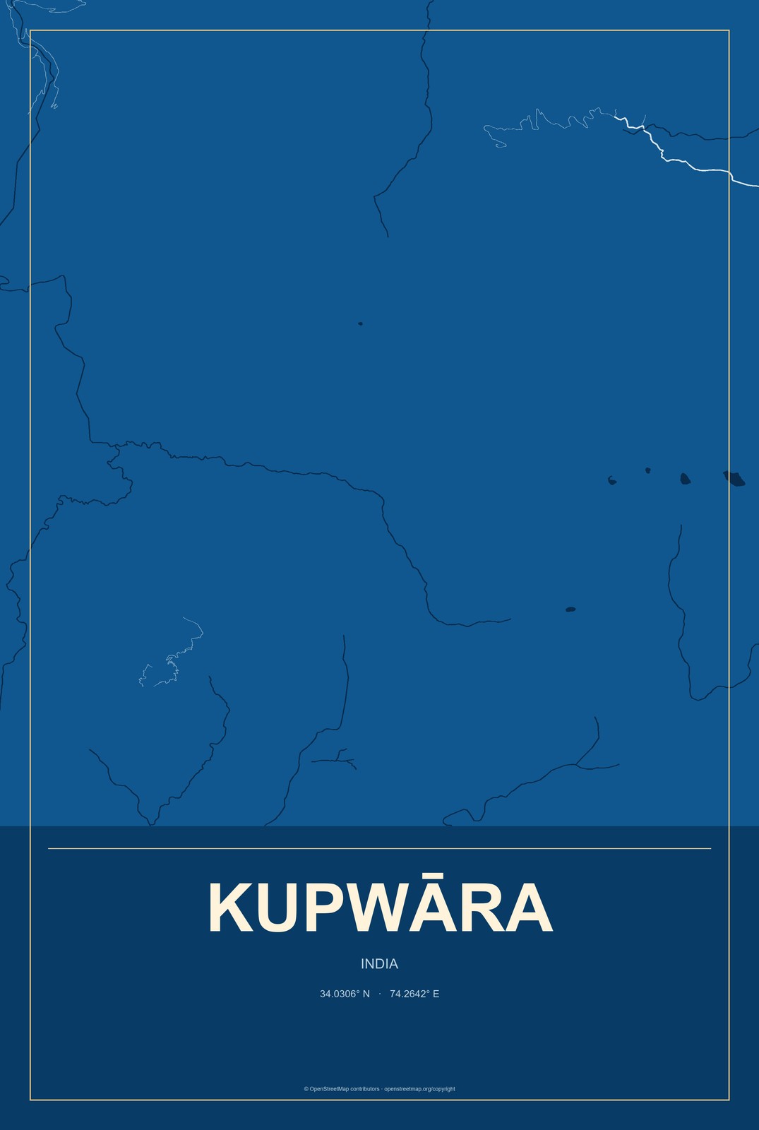 Kupwāra, India City Map Aluminum Sign in Harbor Cobalt style