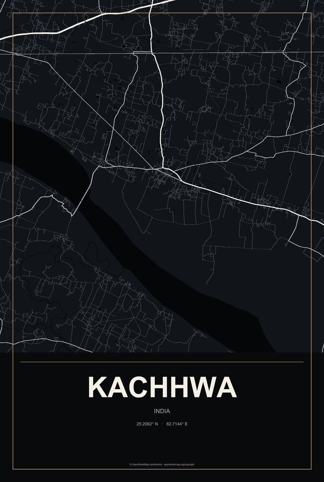 Kachhwa, India City Map Aluminum Sign in Metropolitan Noir style