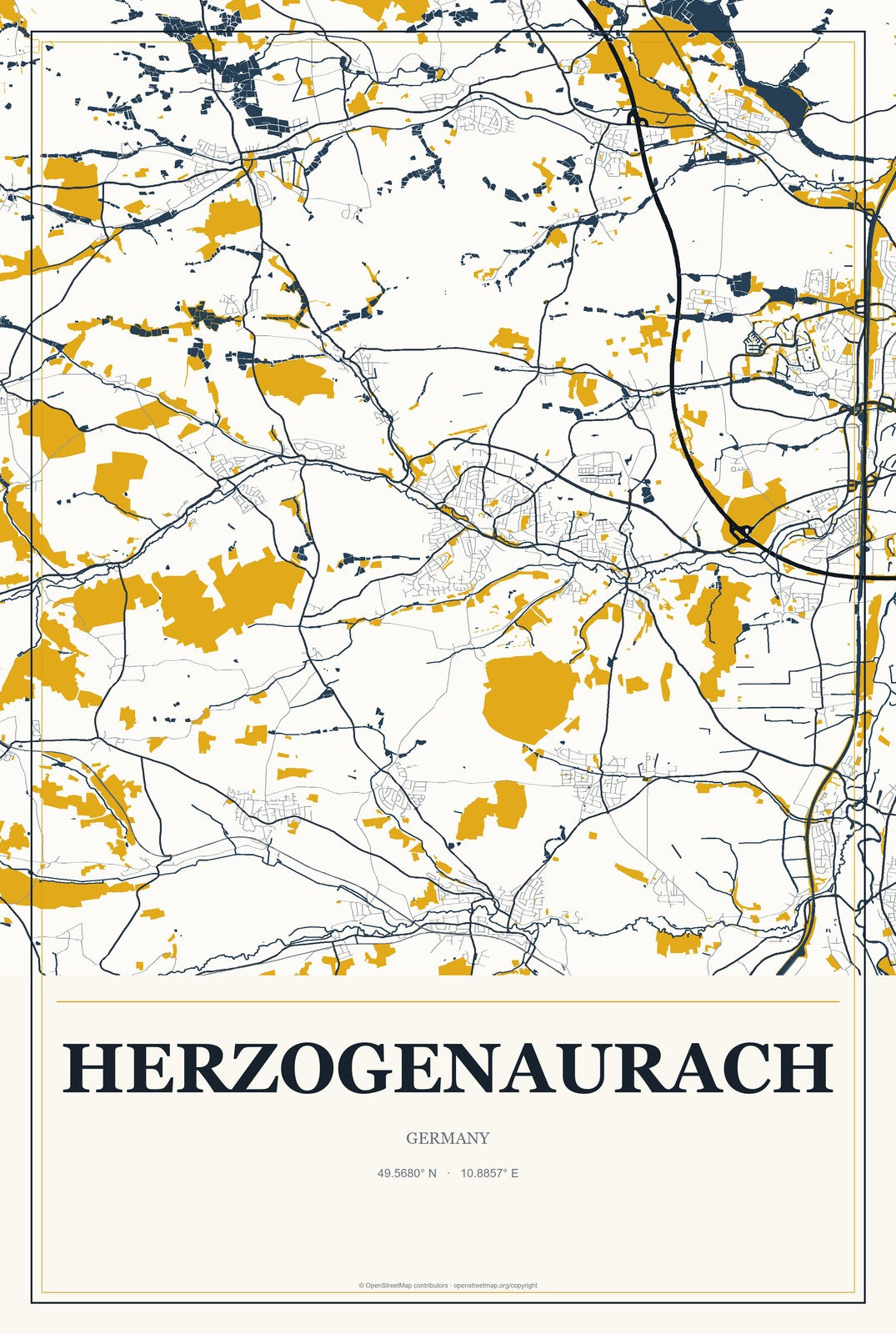 Herzogenaurach, Germany City Map Aluminum Sign in Citrine Modern style