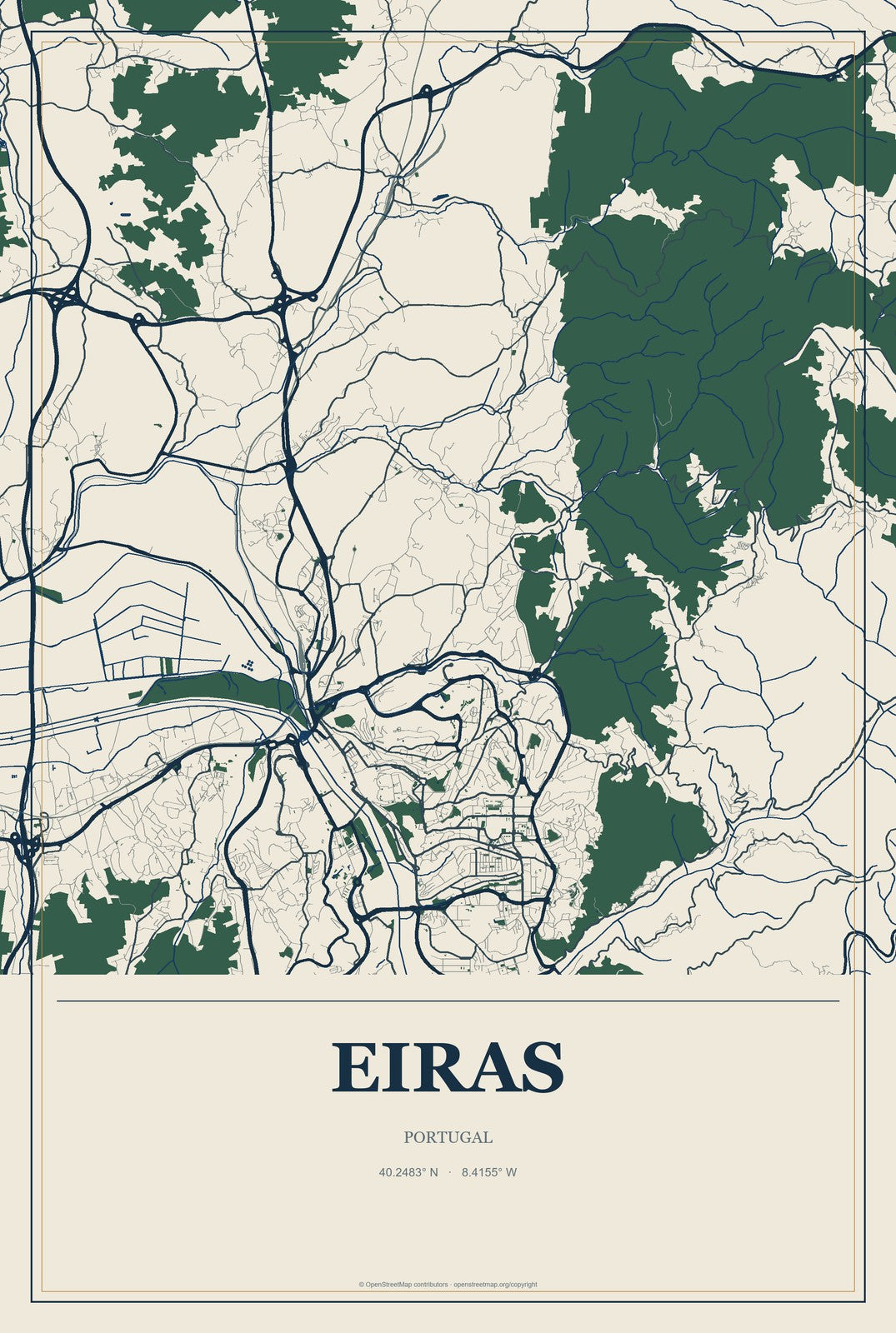 Eiras, Portugal City Map Aluminum Sign in Coastal Cutout style