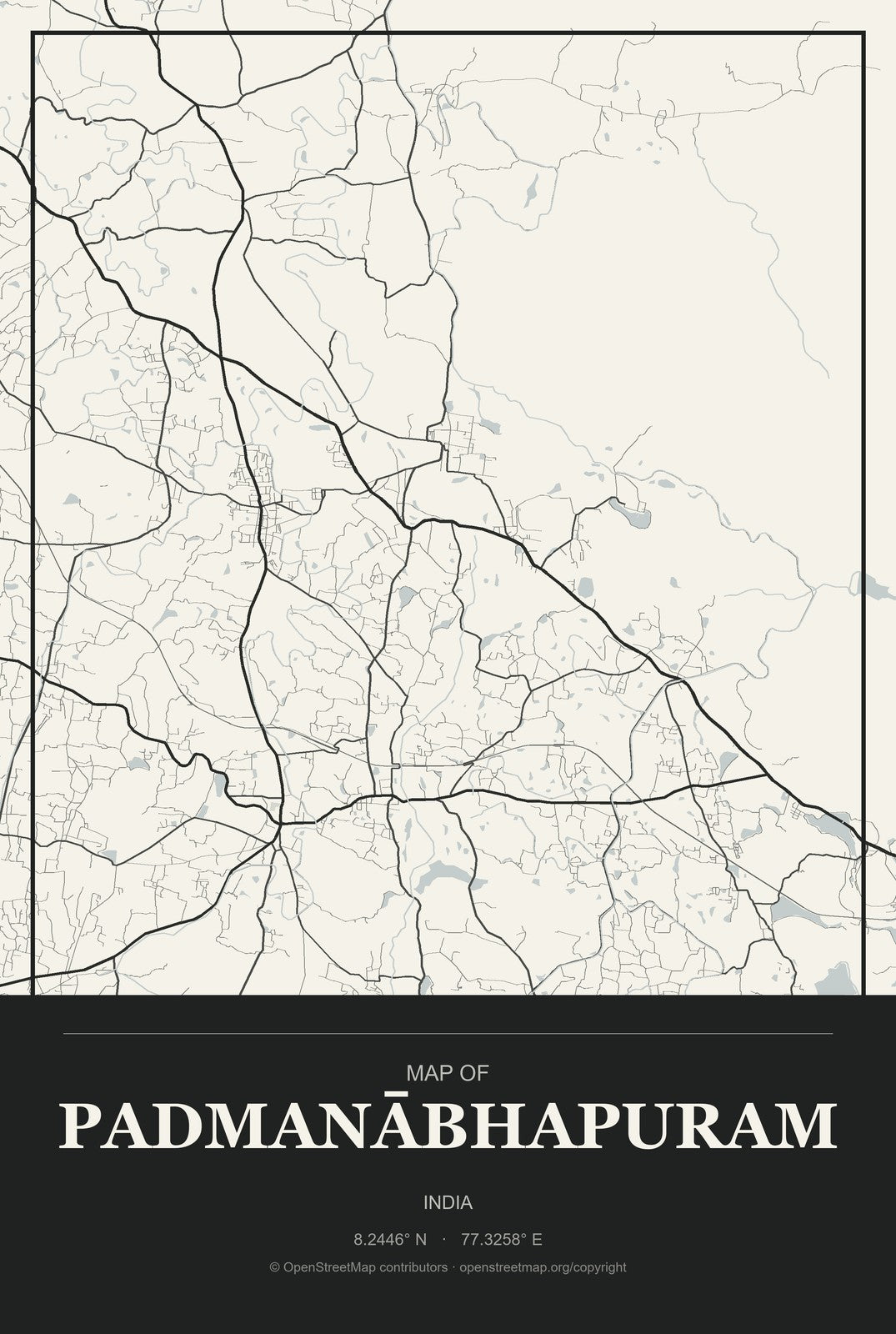 Padmanābhapuram, India City Map Aluminum Sign in Museum Plaque style