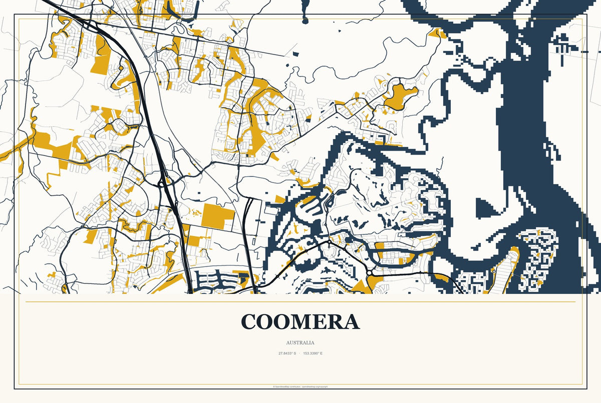Coomera, Australia City Map Aluminum Sign in Citrine Modern style