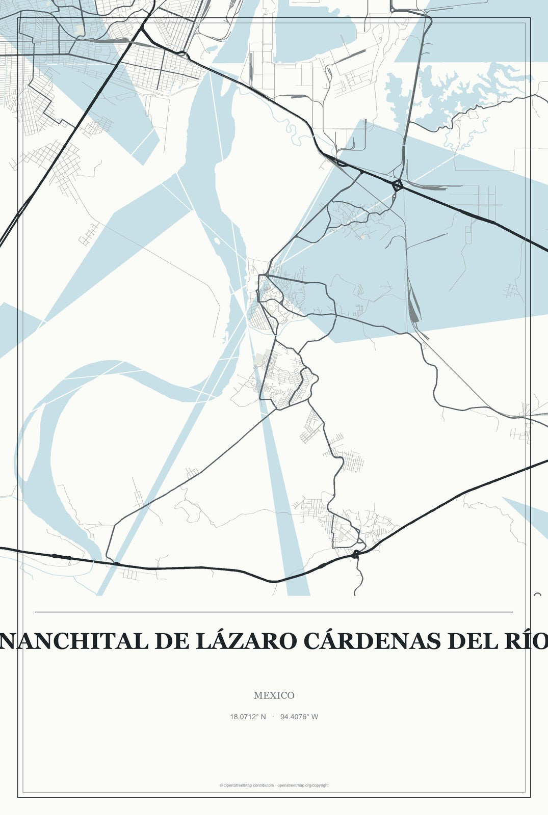 Nanchital de Lázaro Cárdenas del Río, Mexico City Map Aluminum Sign in Gallery Air style