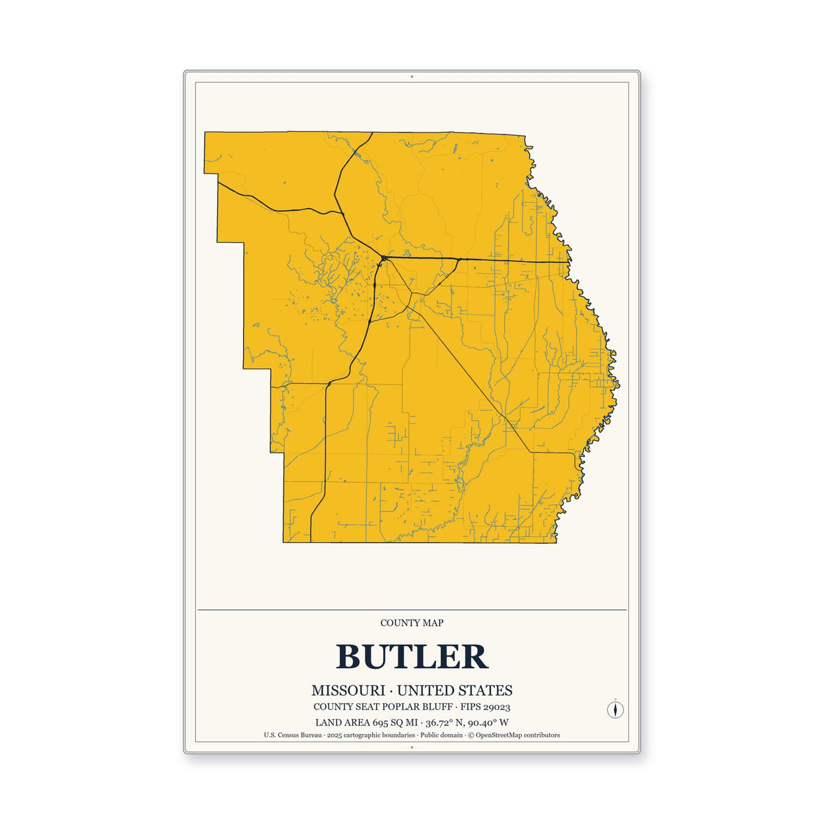 Butler County, Missouri Map Aluminum Sign in Citrine Modern style