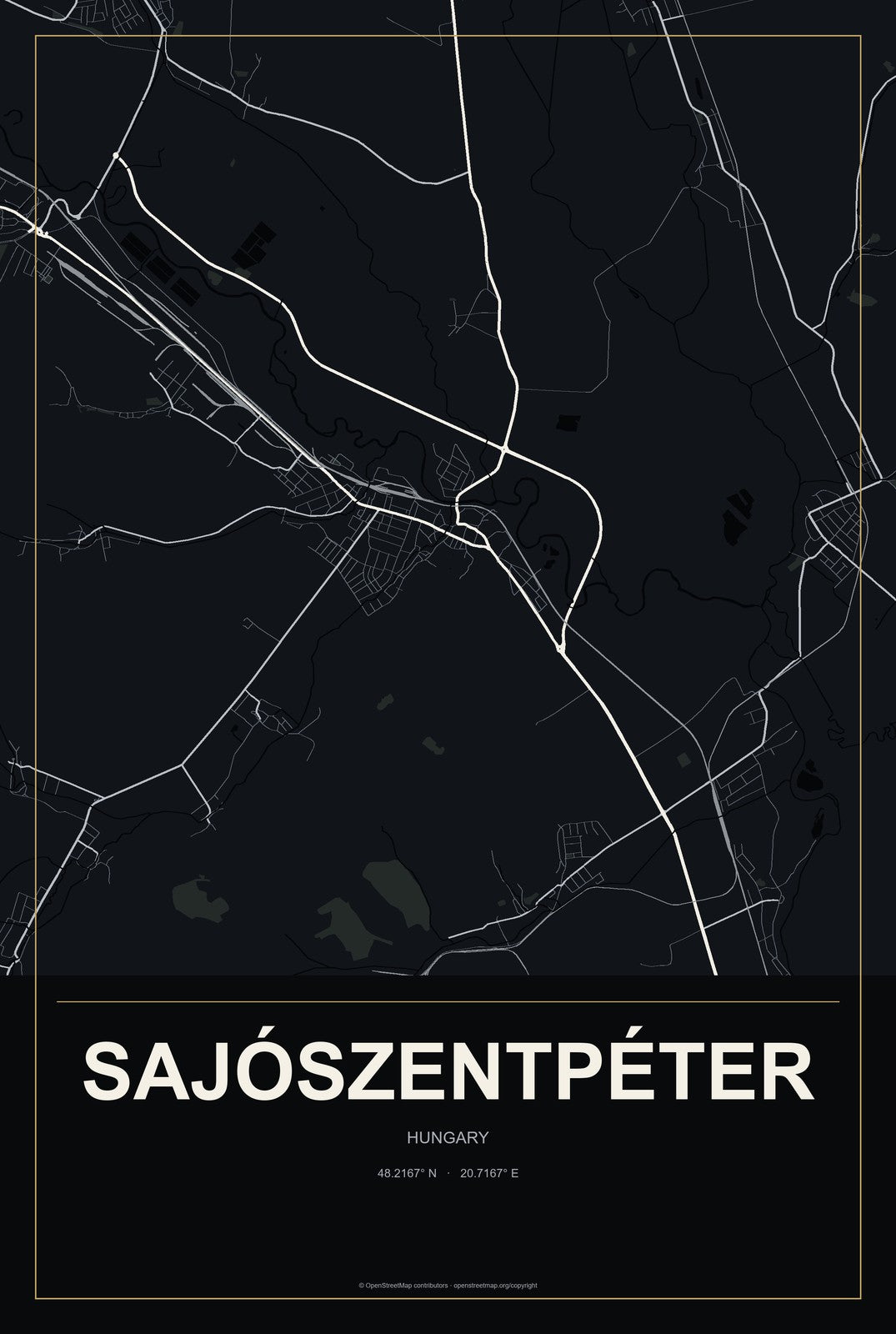 Sajószentpéter, Hungary City Map Aluminum Sign in Metropolitan Noir style