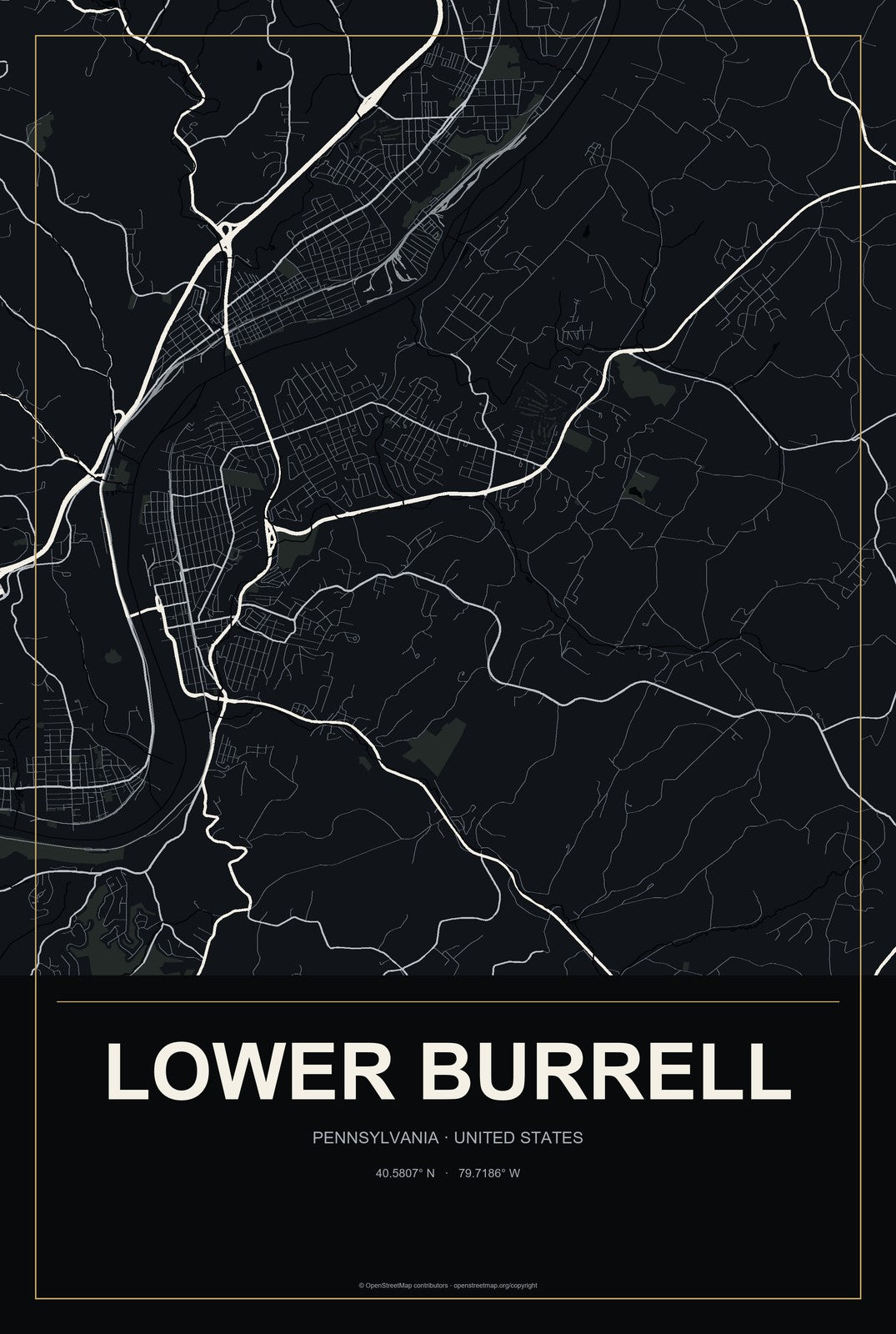 Lower Burrell, Pennsylvania City Map Aluminum Sign in Metropolitan Noir style