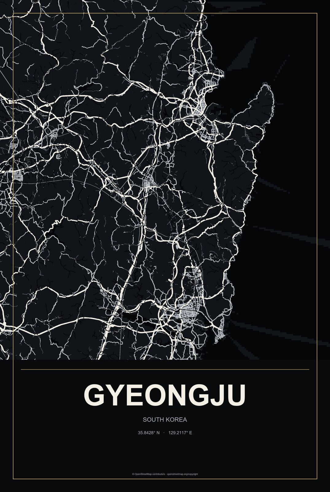 Gyeongju, South Korea City Map Aluminum Sign in Metropolitan Noir style
