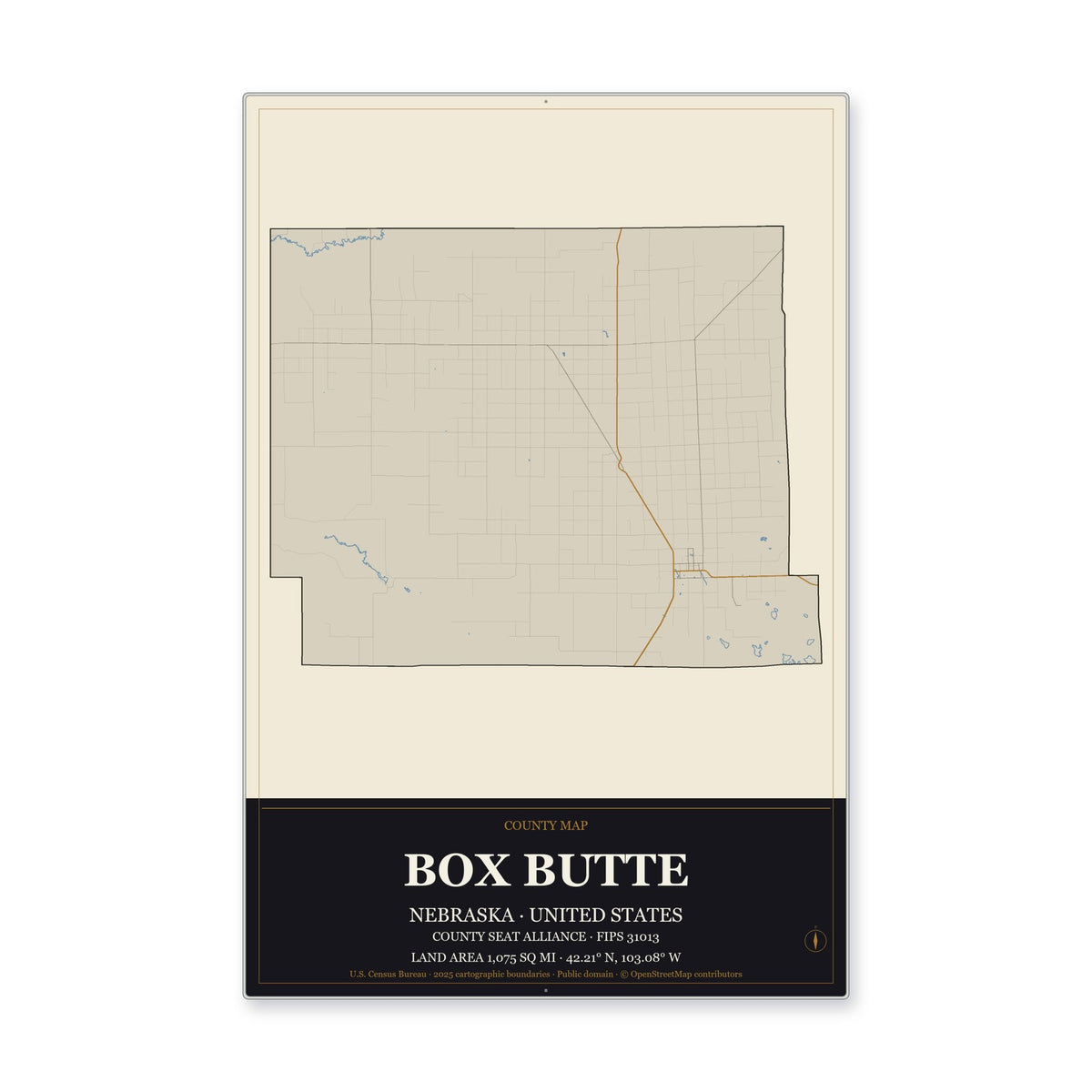 Box Butte County, Nebraska Map Aluminum Sign in Museum Plaque style