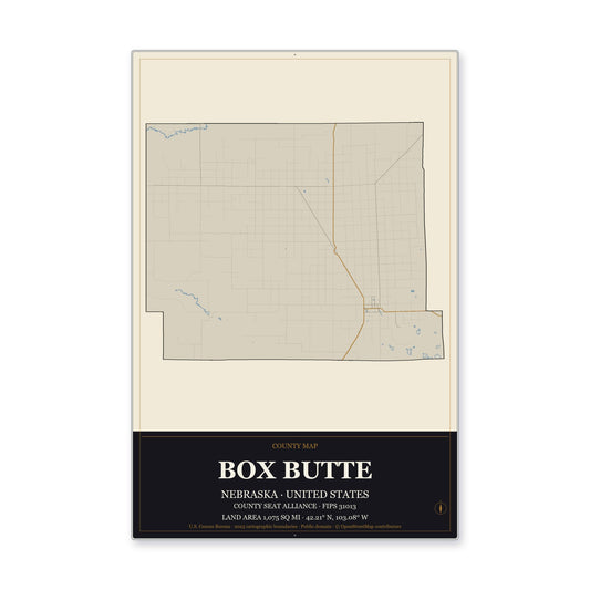 Box Butte County, Nebraska Map Aluminum Sign in Museum Plaque style