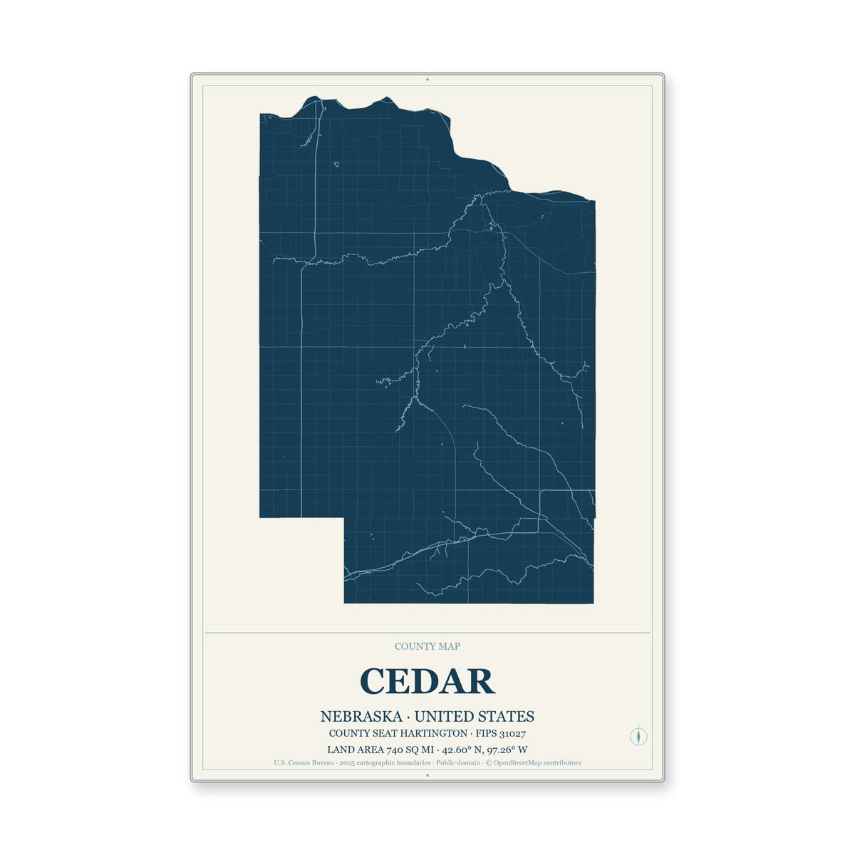 Cedar County, Nebraska Map Aluminum Sign in Coastal Cutout style