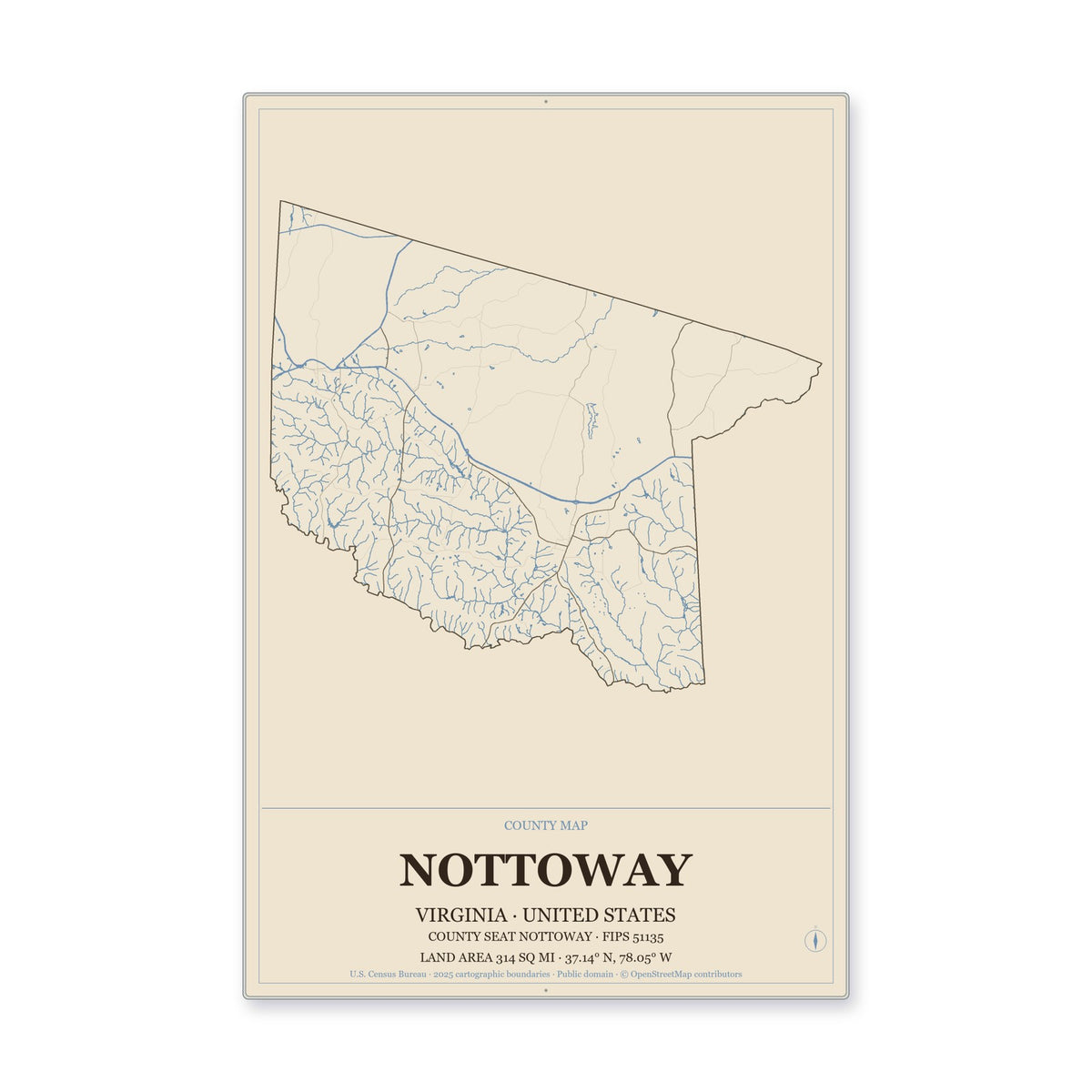 Nottoway County, Virginia Map Aluminum Sign in Heritage Nautical style