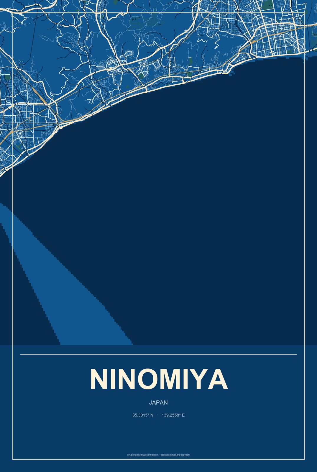 Ninomiya, Japan City Map Aluminum Sign in Harbor Cobalt style