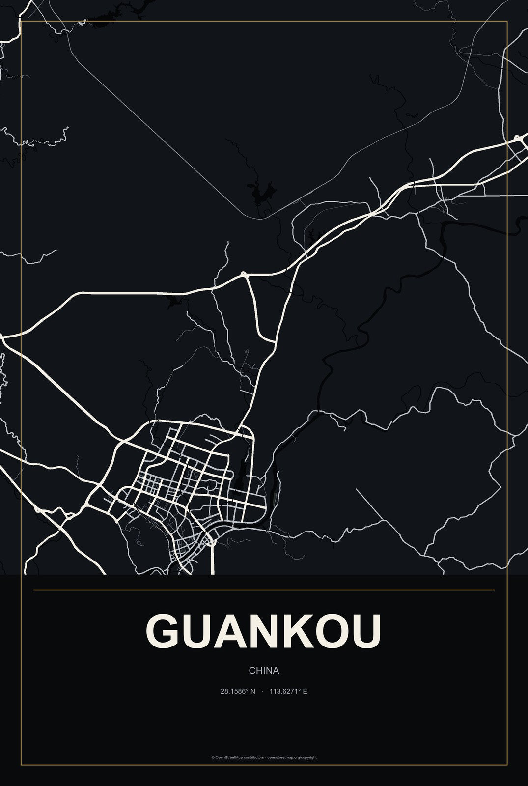Guankou, China City Map Aluminum Sign in Metropolitan Noir style