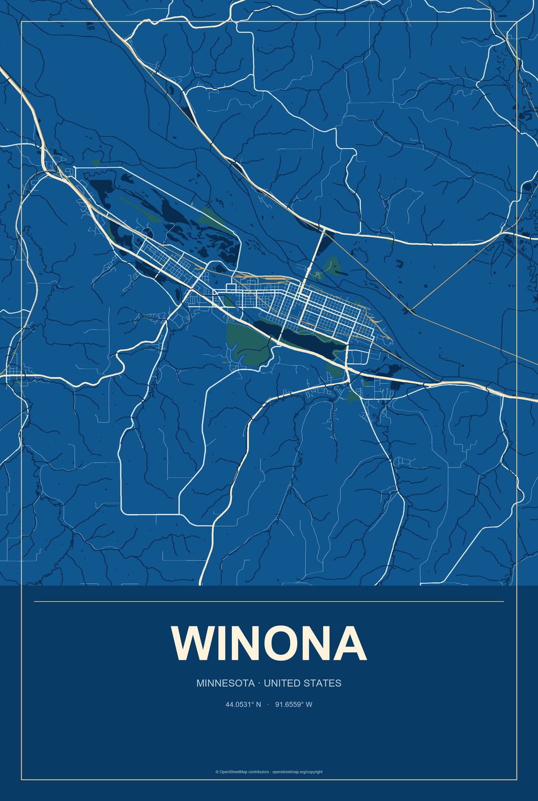 Winona, Minnesota City Map Aluminum Sign in Harbor Cobalt style