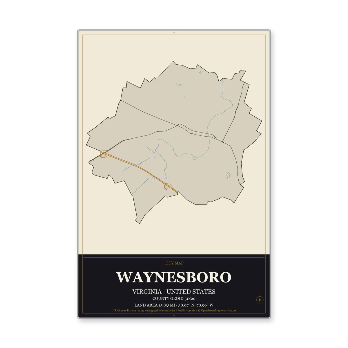 Waynesboro city, Virginia Map Aluminum Sign in Museum Plaque style