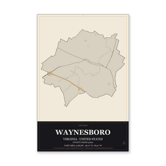Waynesboro city, Virginia Map Aluminum Sign in Museum Plaque style