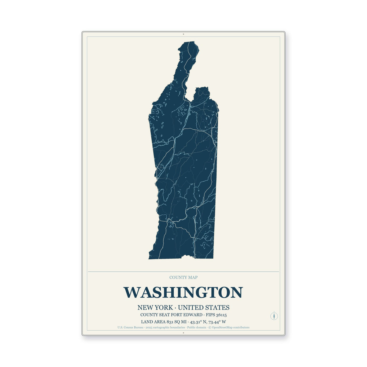 Washington County, New York Map Aluminum Sign in Coastal Cutout style