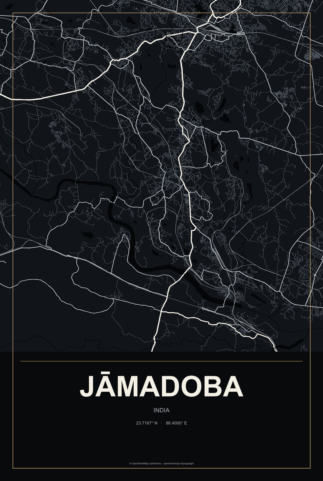 Jāmadoba, India City Map Aluminum Sign in Metropolitan Noir style
