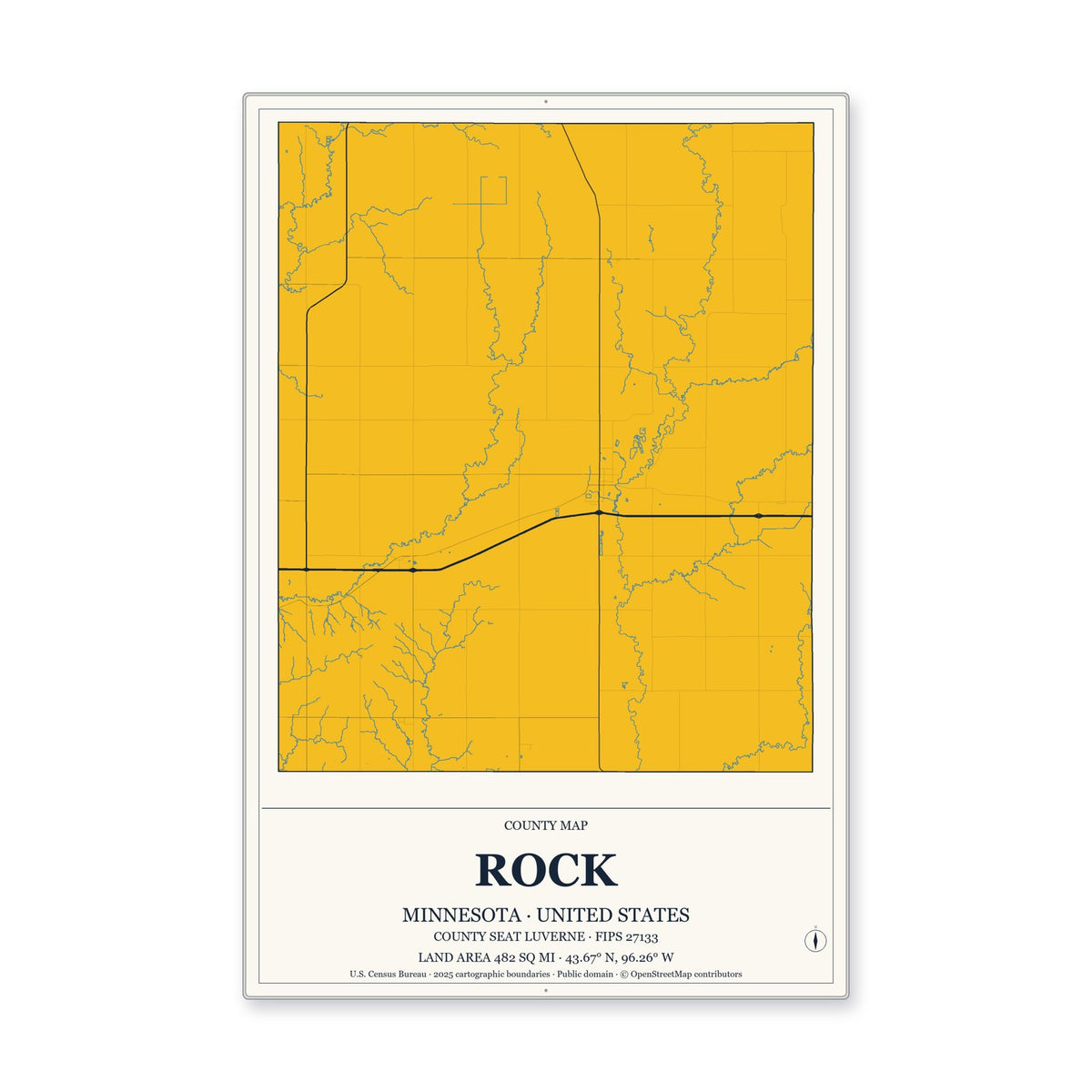 Rock County, Minnesota Map Aluminum Sign in Citrine Modern style