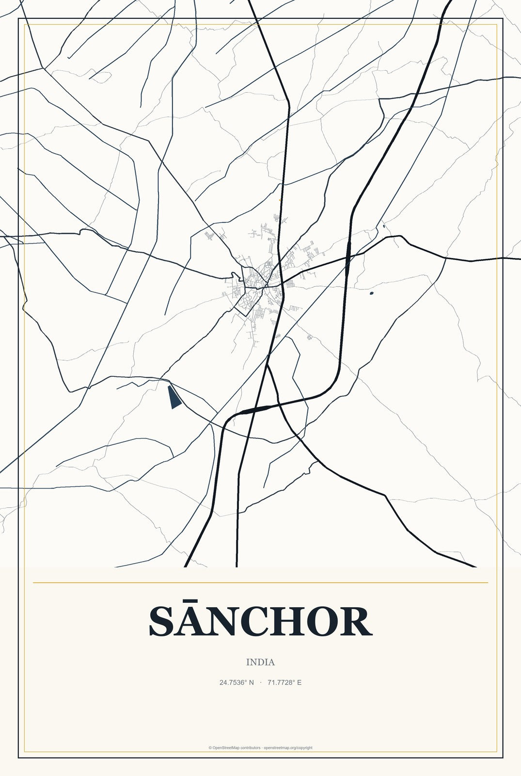 Sānchor, India City Map Aluminum Sign in Citrine Modern style
