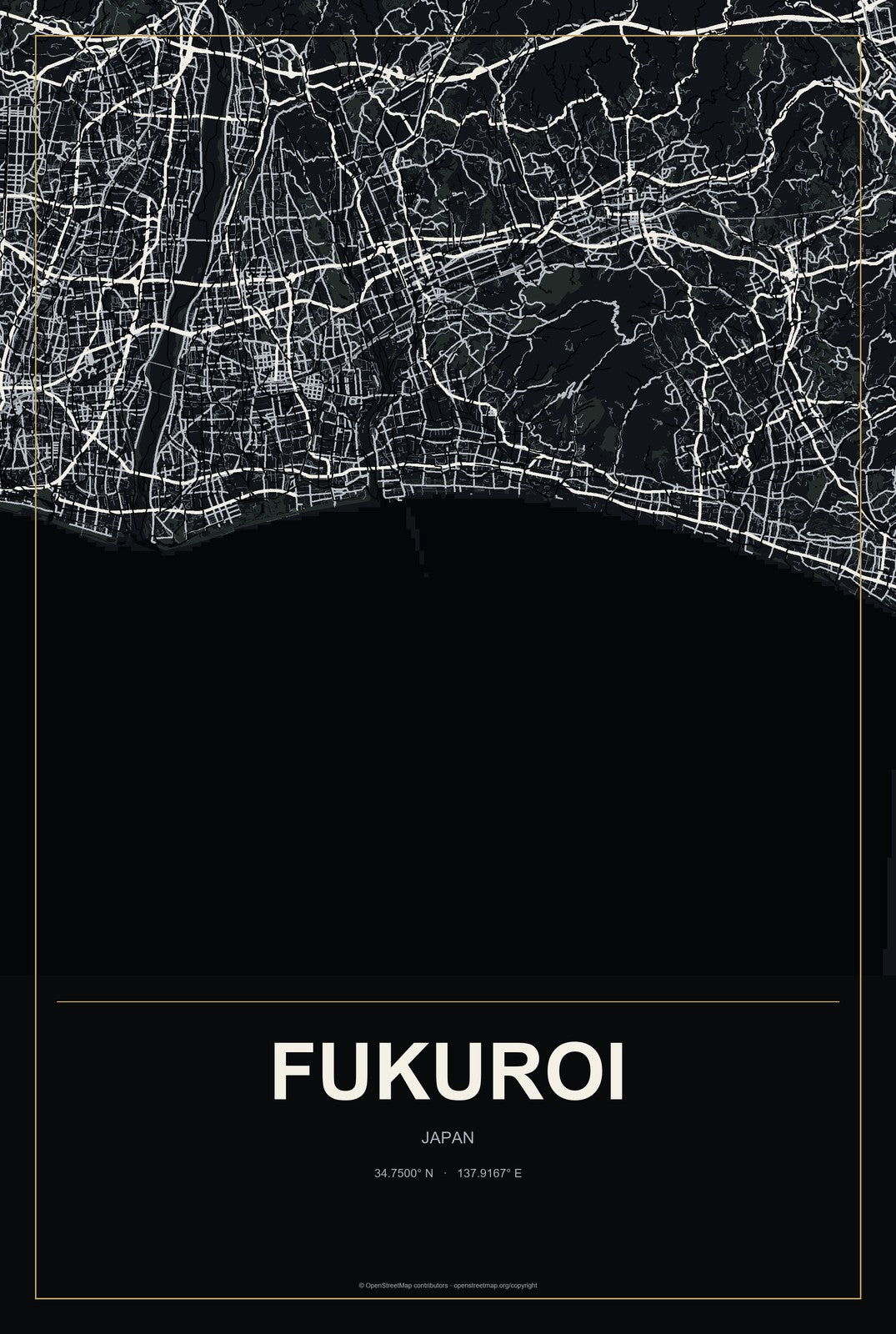 Fukuroi, Japan City Map Aluminum Sign in Metropolitan Noir style