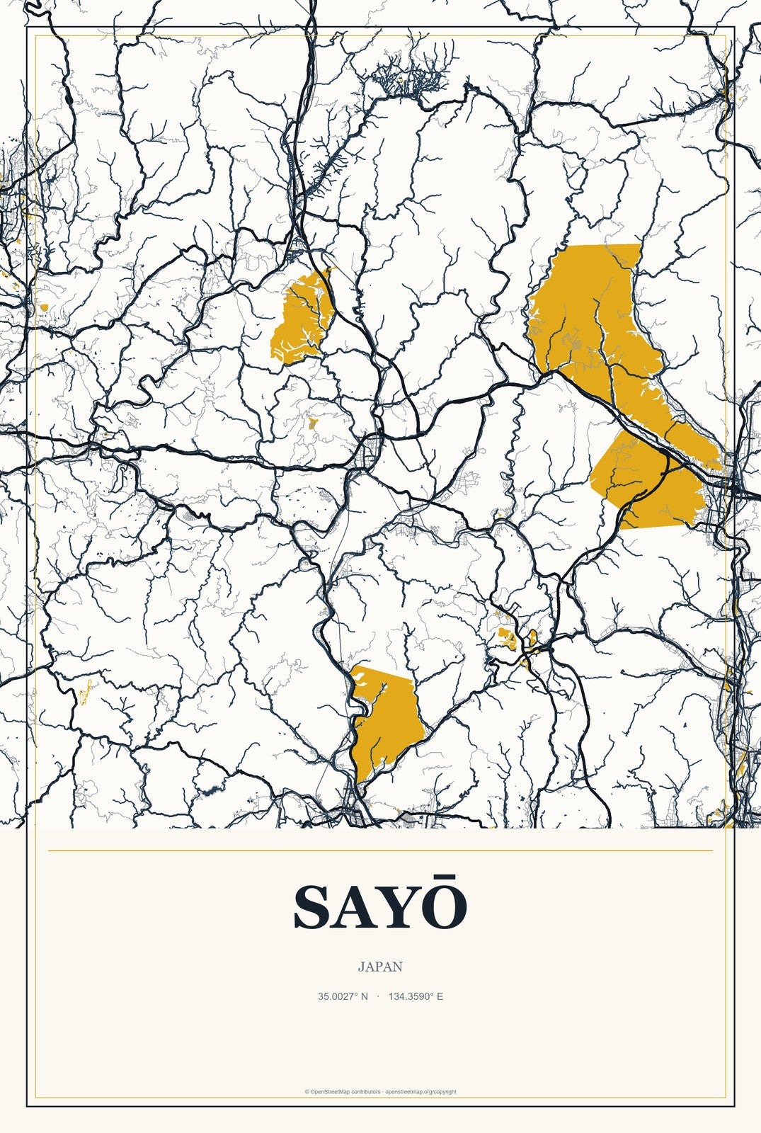 Sayō, Japan City Map Aluminum Sign in Citrine Modern style