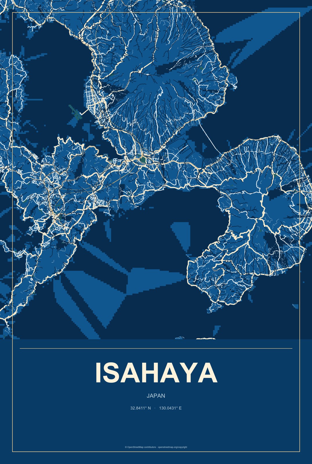Isahaya, Japan City Map Aluminum Sign in Harbor Cobalt style