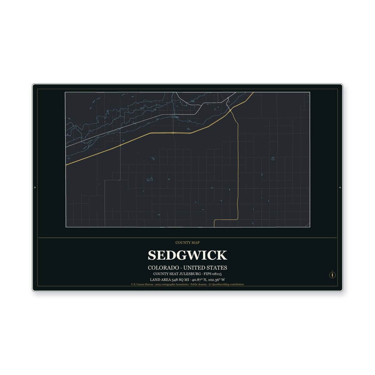 Sedgwick County, Colorado Map Aluminum Sign in Metropolitan Noir style