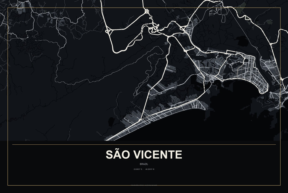 São Vicente, Brazil City Map Aluminum Sign in Metropolitan Noir style