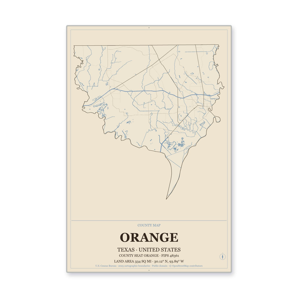 Orange County, Texas Map Aluminum Sign in Heritage Nautical style