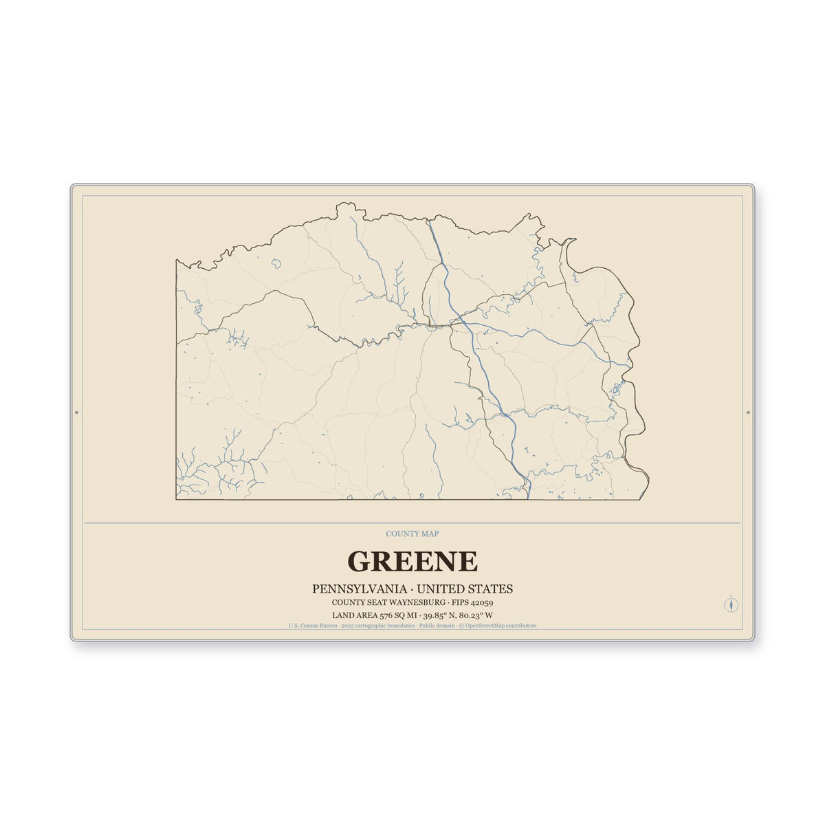 Greene County, Pennsylvania Map Aluminum Sign in Heritage Nautical style