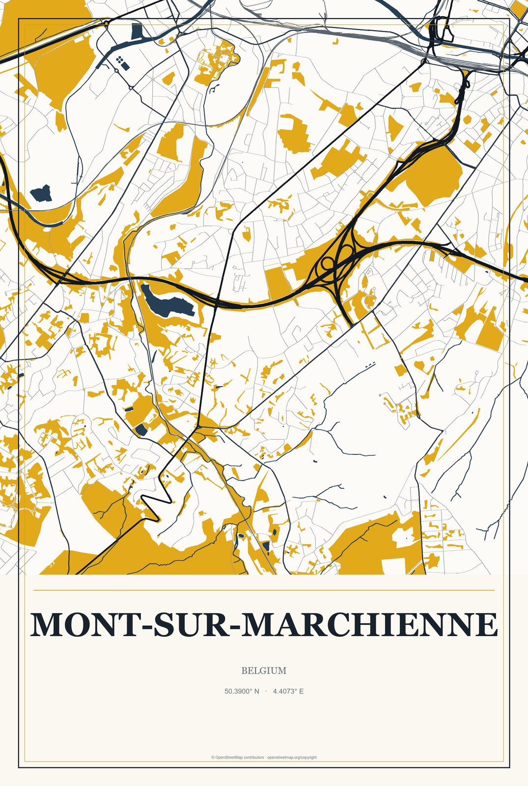 Mont-sur-Marchienne, Belgium City Map Aluminum Sign in Citrine Modern style