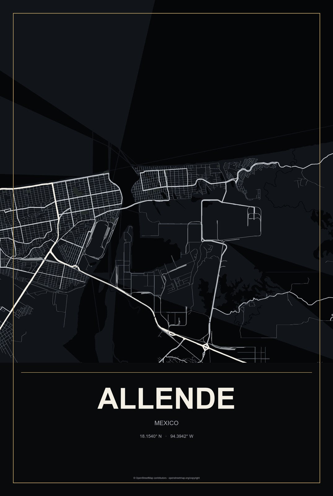 Allende, Coahuila, Mexico City Map Aluminum Sign in Metropolitan Noir style
