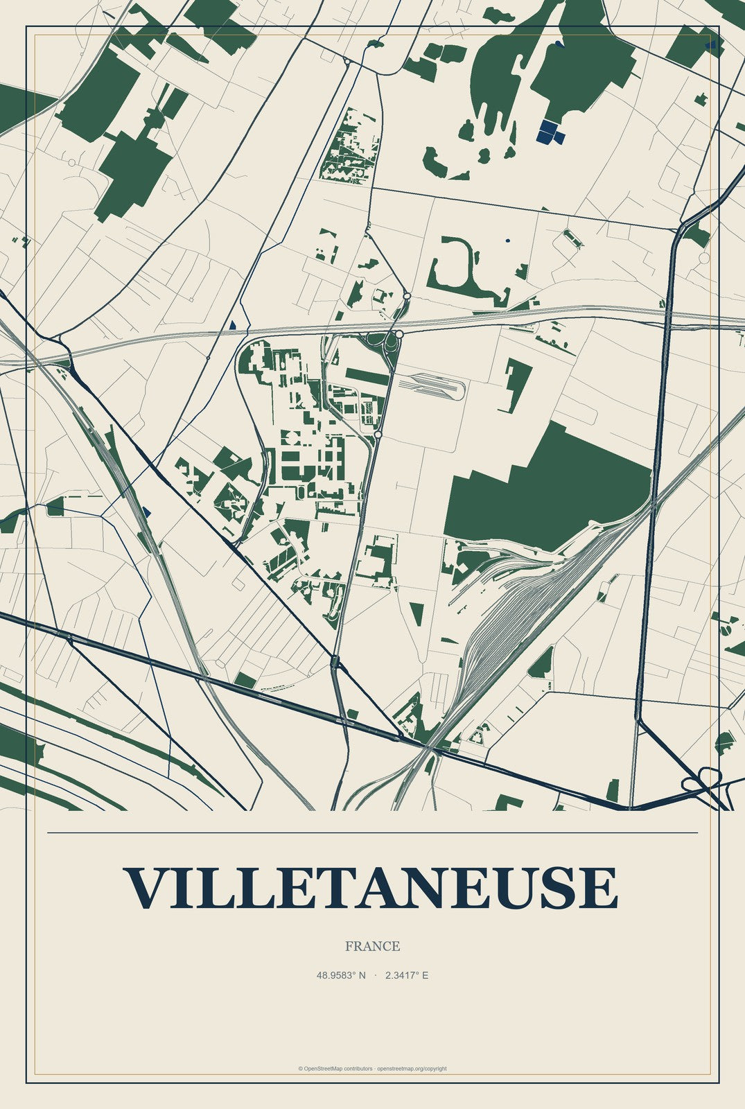 Villetaneuse, France City Map Aluminum Sign in Coastal Cutout style