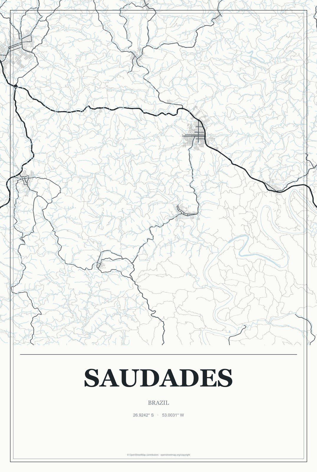 Saudades, Brazil City Map Aluminum Sign in Gallery Air style