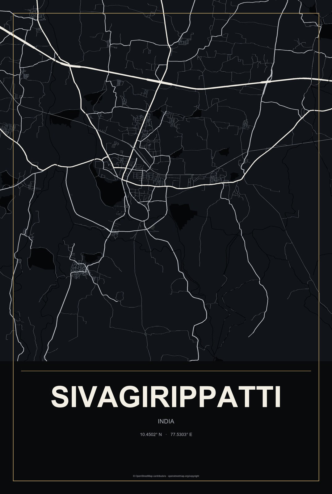 Sivagirippatti, India City Map Aluminum Sign in Metropolitan Noir style