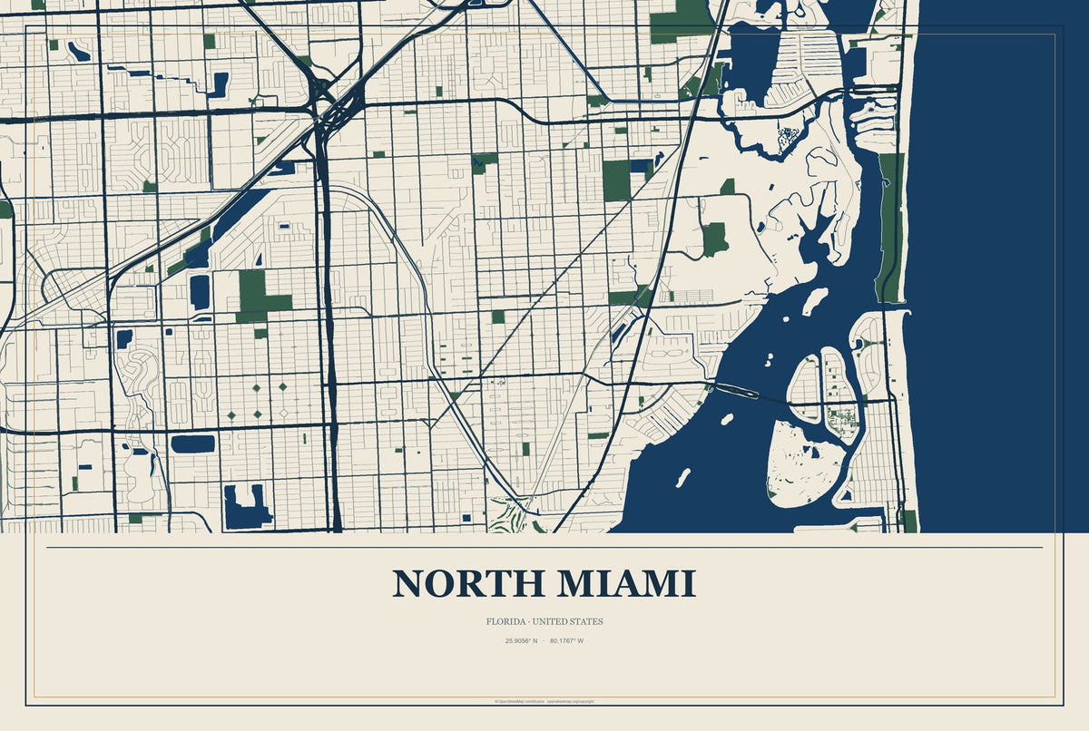 North Miami, Florida City Map Aluminum Sign in Coastal Cutout style
