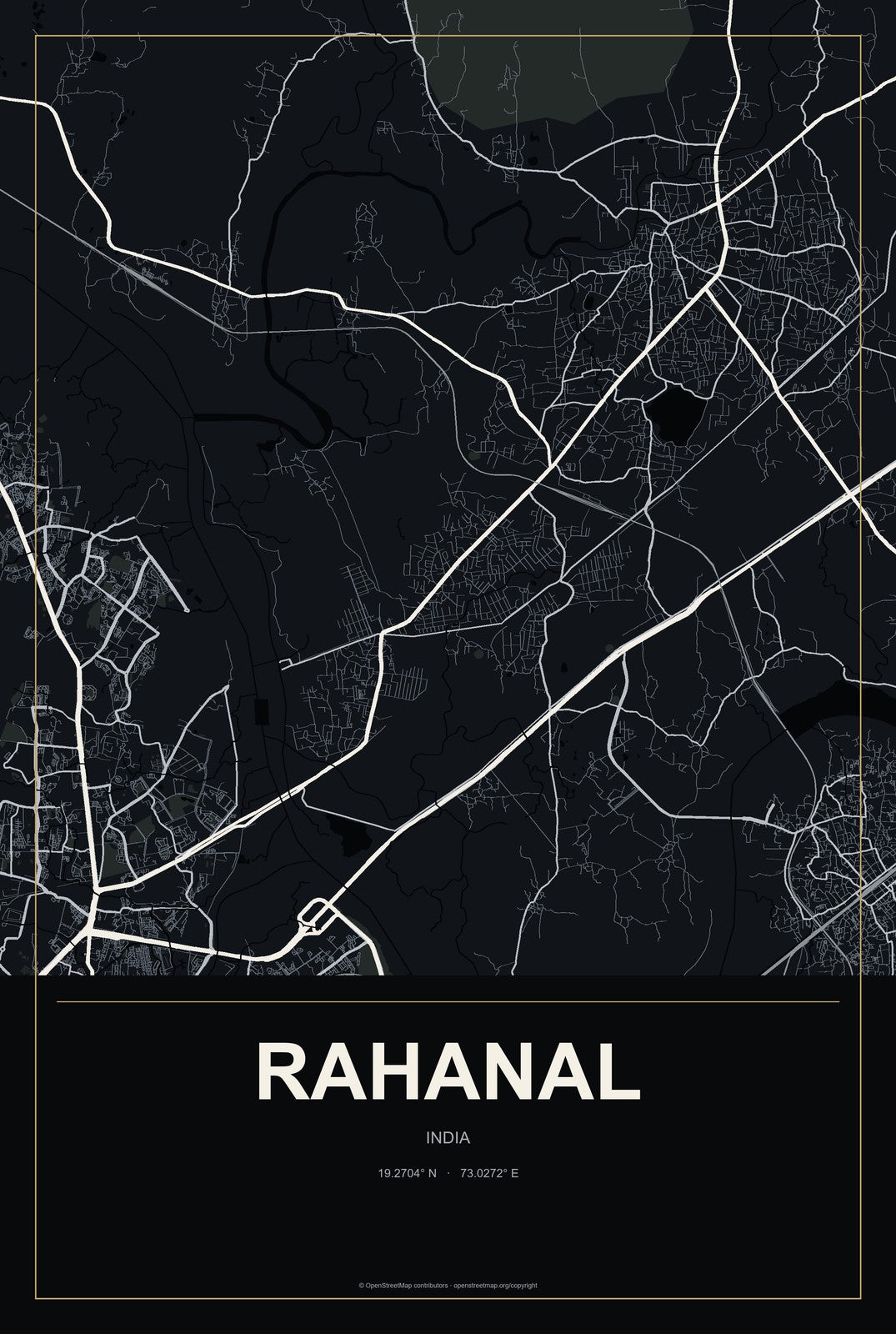 Rahanal, India City Map Aluminum Sign in Metropolitan Noir style