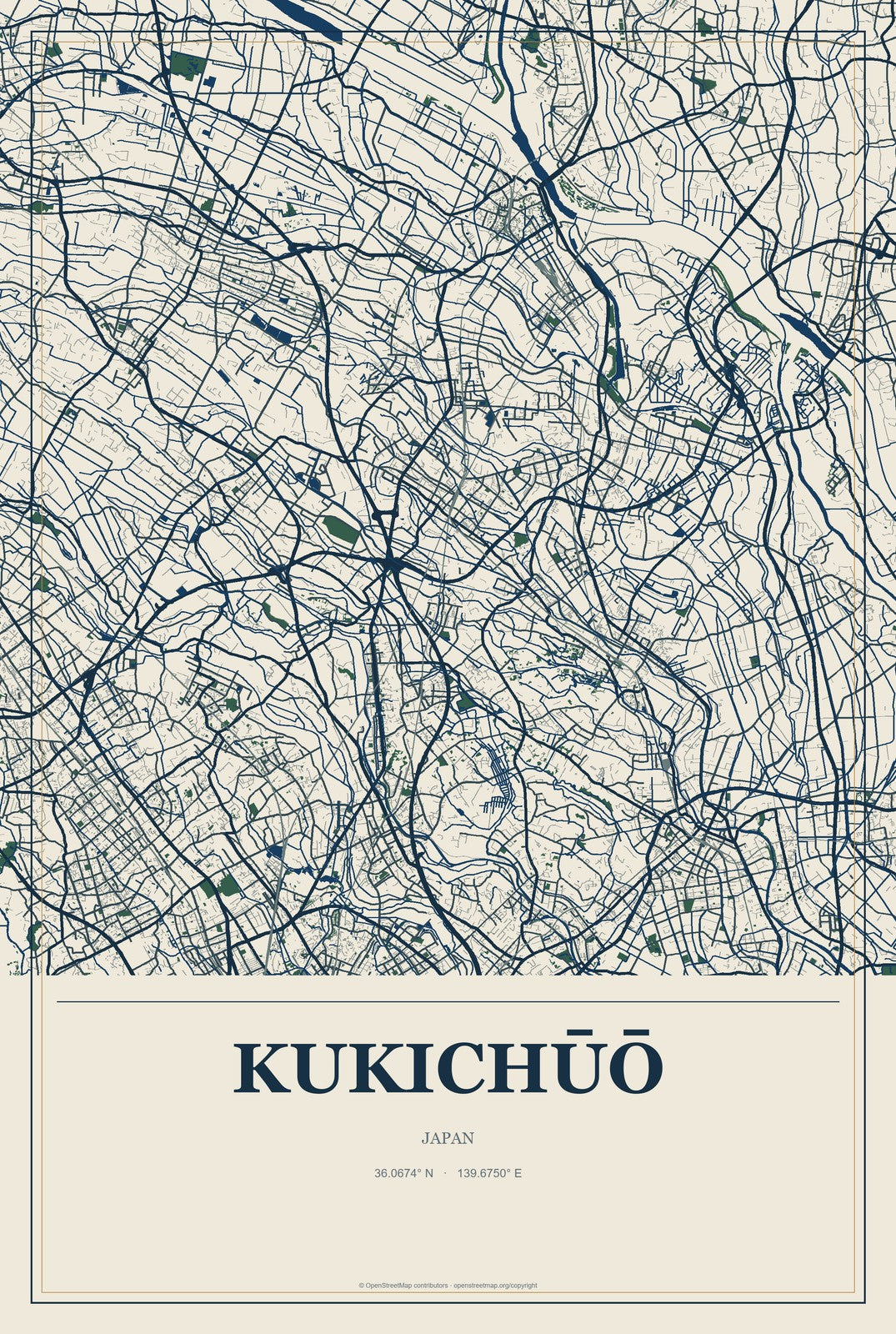 Kukichūō, Japan City Map Aluminum Sign in Coastal Cutout style