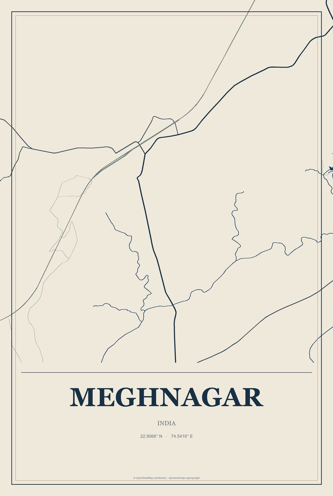 Meghnagar, India City Map Aluminum Sign in Coastal Cutout style