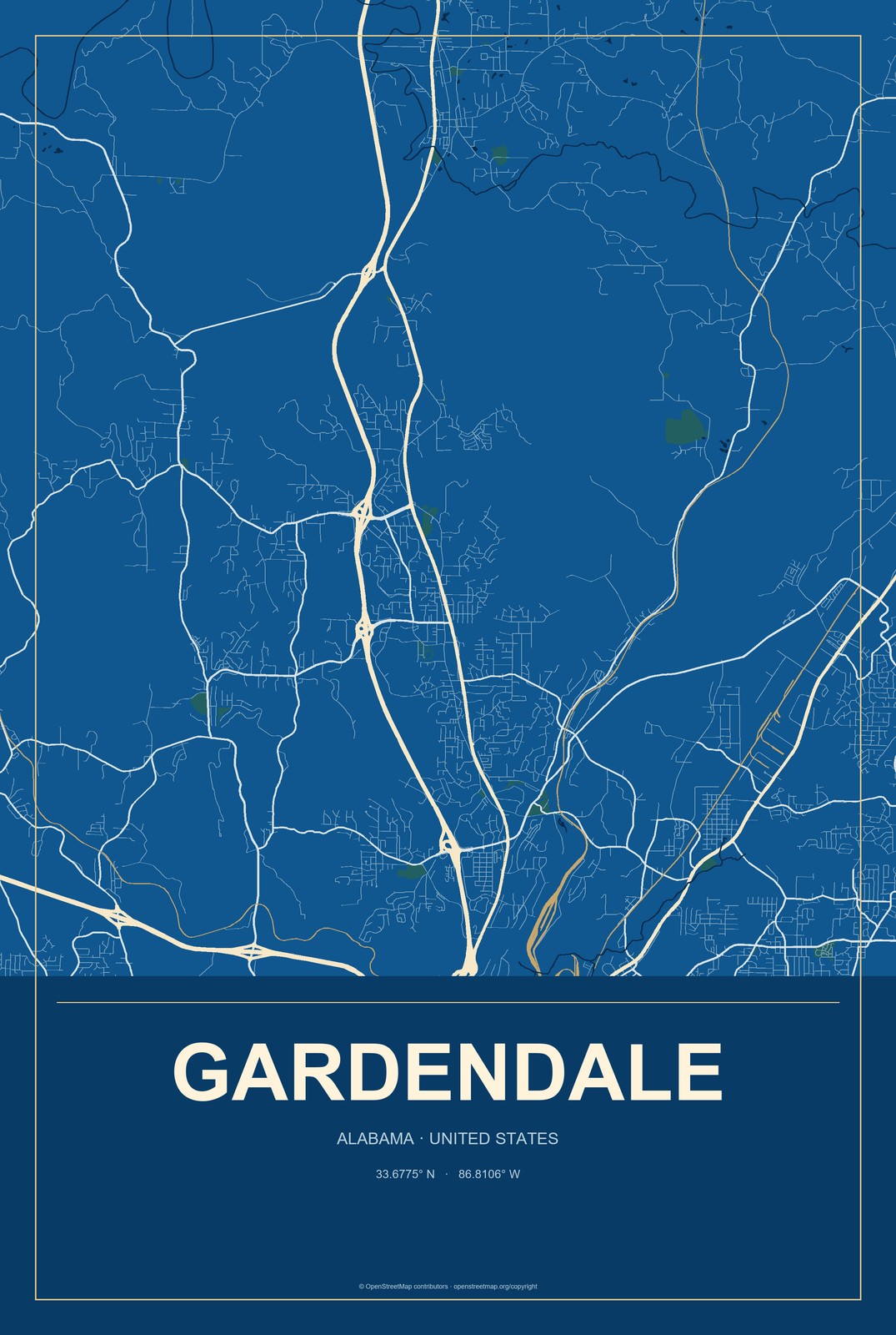 Gardendale, Alabama City Map Aluminum Sign in Harbor Cobalt style