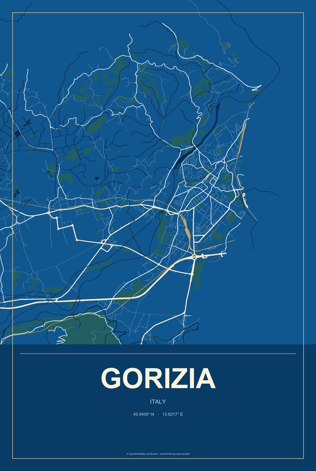 Gorizia, Italy City Map Aluminum Sign in Harbor Cobalt style