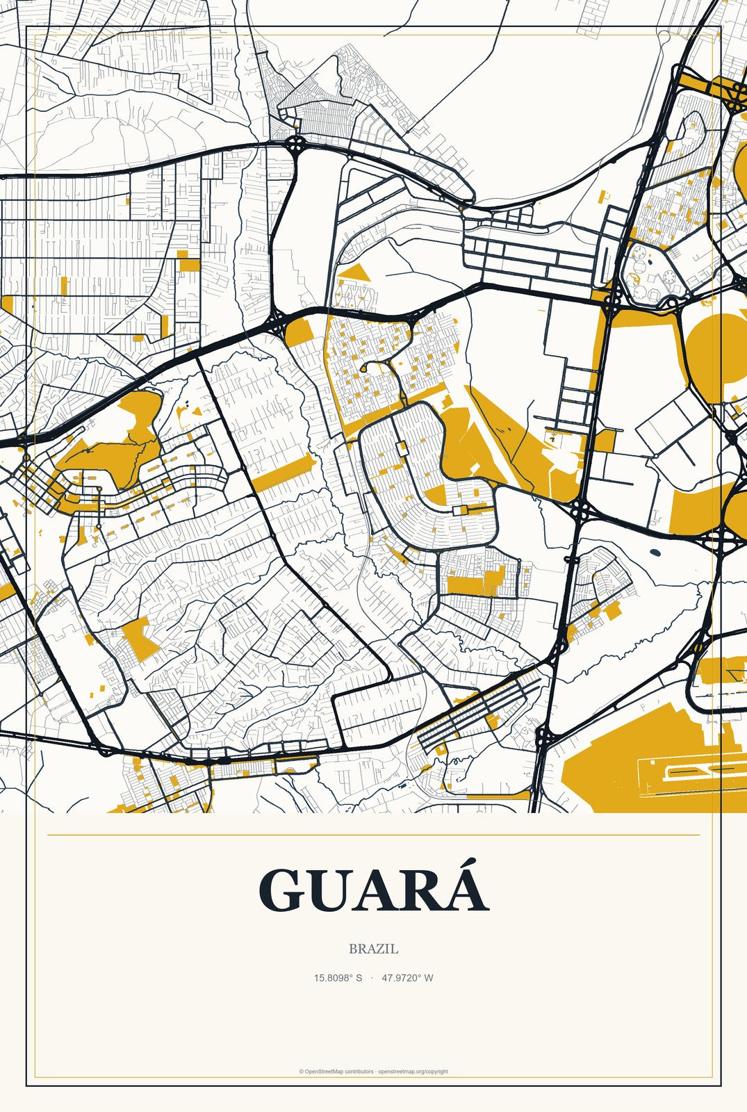 Guará, Federal District, Brazil City Map Aluminum Sign in Citrine Modern style