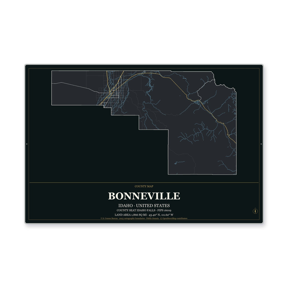 Bonneville County, Idaho Map Aluminum Sign in Metropolitan Noir style