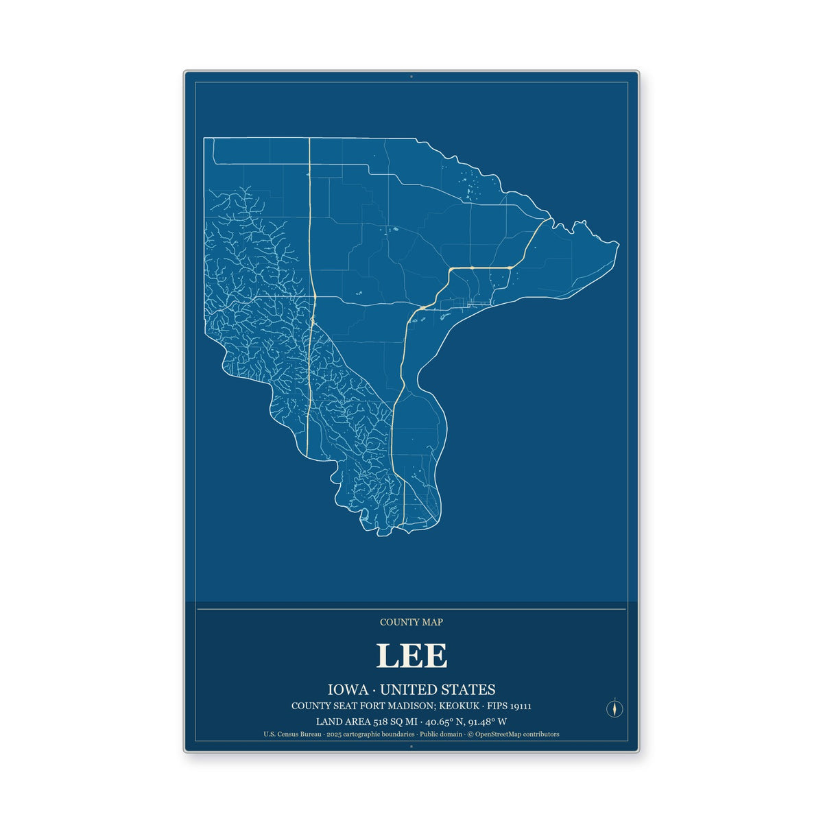 Lee County, Iowa Map Aluminum Sign in Harbor Cobalt style