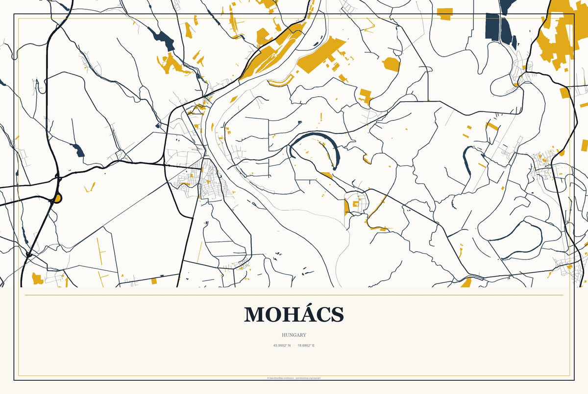 Mohács, Hungary City Map Aluminum Sign in Citrine Modern style