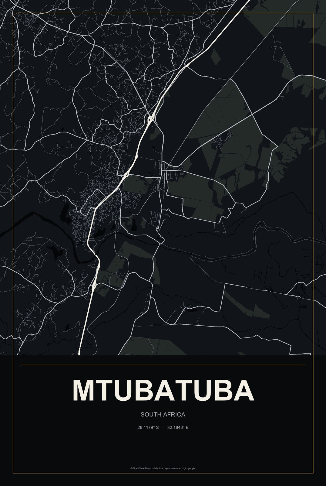 Mtubatuba, South Africa City Map Aluminum Sign in Metropolitan Noir style