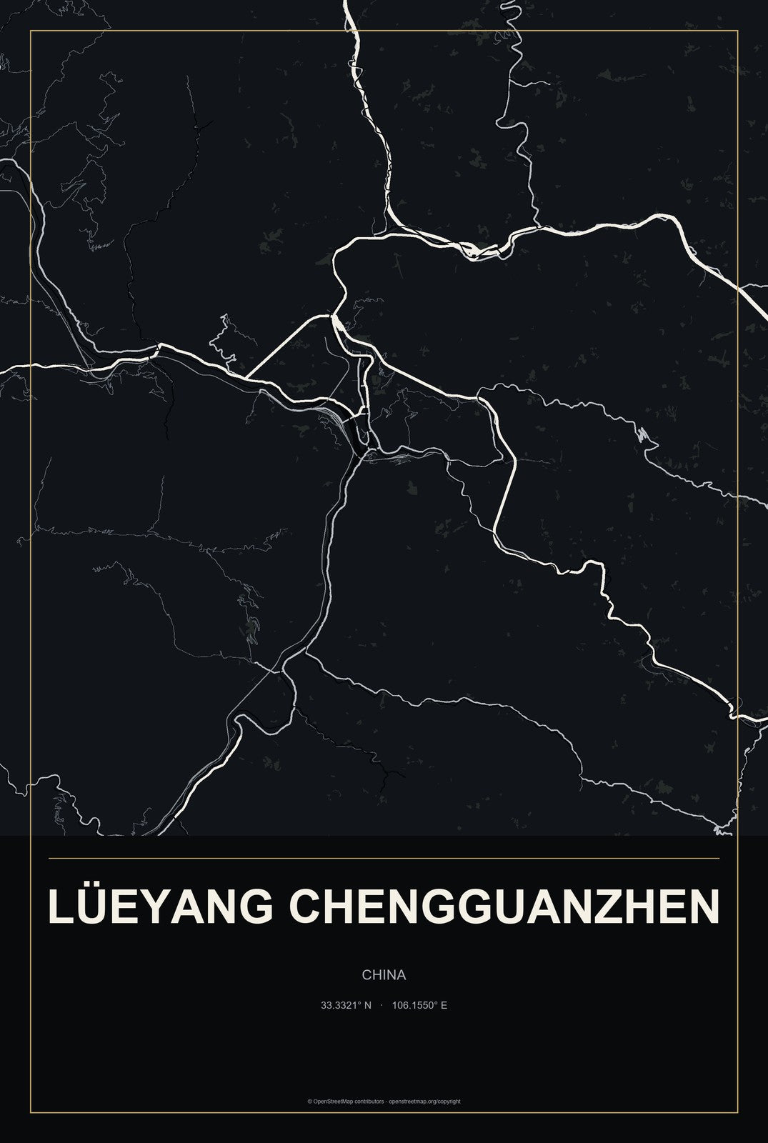 Lüeyang Chengguanzhen, China City Map Aluminum Sign in Metropolitan Noir style