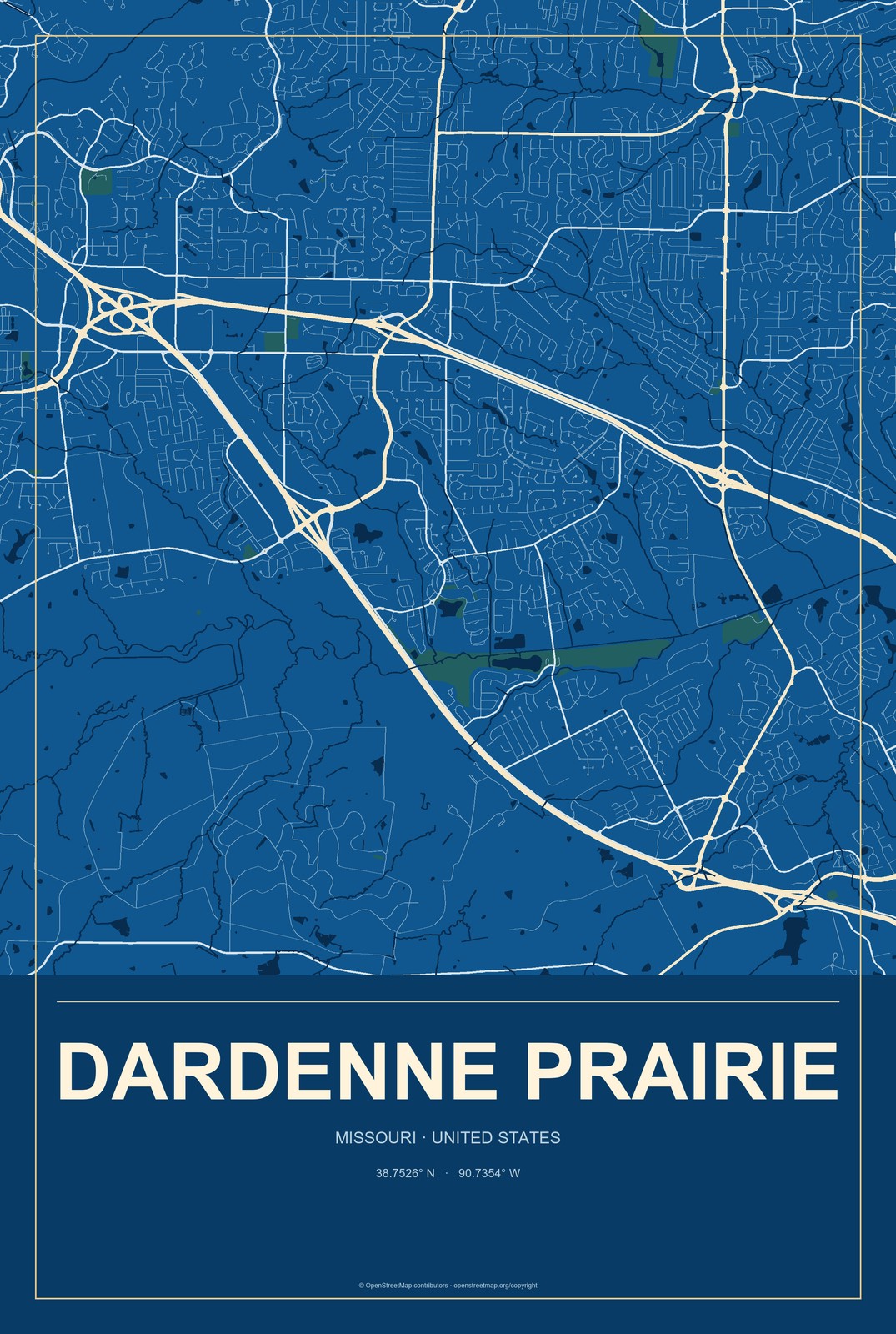 Dardenne Prairie, Missouri City Map Aluminum Sign in Harbor Cobalt style