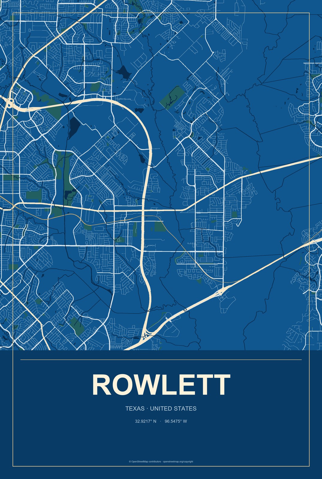 Rowlett, Texas City Map Aluminum Sign in Harbor Cobalt style